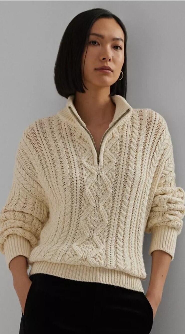 Lauren Ralph Lauren Womens Aran-Knit Cotton Quarter-Zip Pullover Sweater Cream